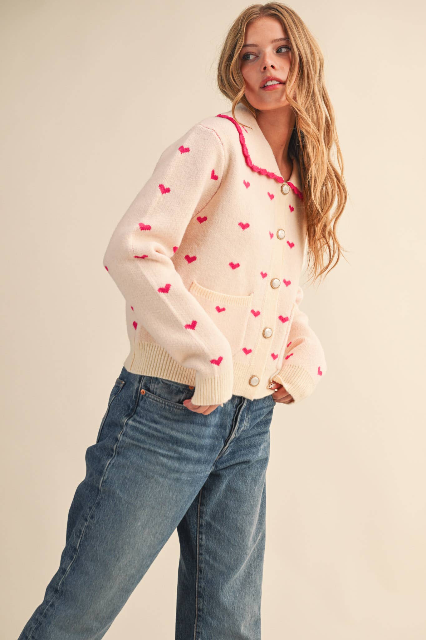 LOVER GIRL BLUE DOLL COLLAR HEART KNIT SWEATER CARDIGAN - DUSTY BLUE