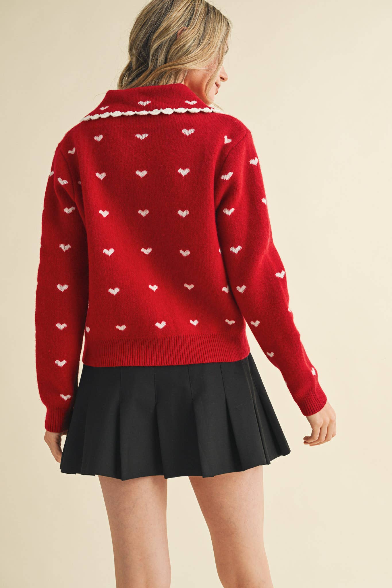 LOVER GIRL DOLL COLLAR RED HEART KNIT SWEATER CARDIGAN - IVORY & RED