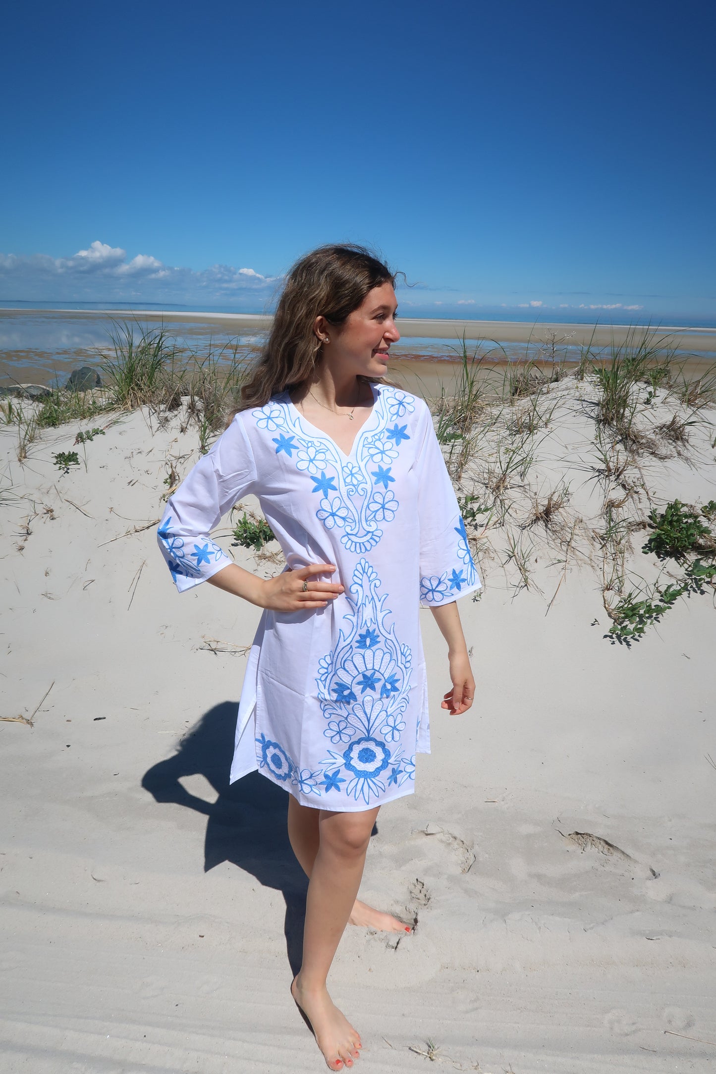 See you in Nice, Blue & White Embroidered Beach Tunic