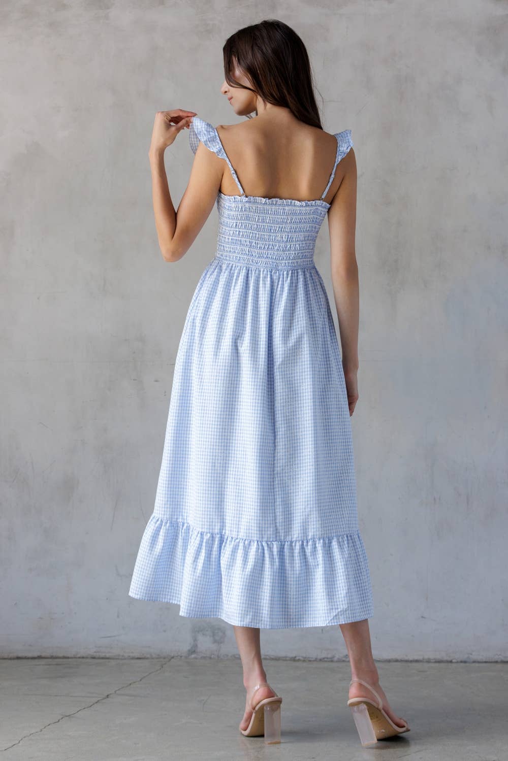 BLUE WHITE CHECKERED SMOCKED DRESS