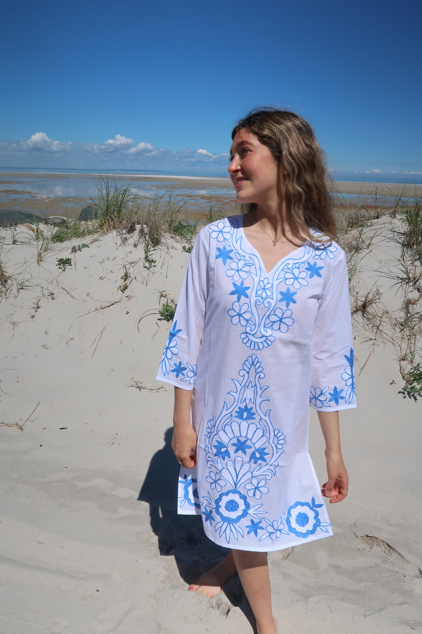 See you in Nice, Blue & White Embroidered Beach Tunic