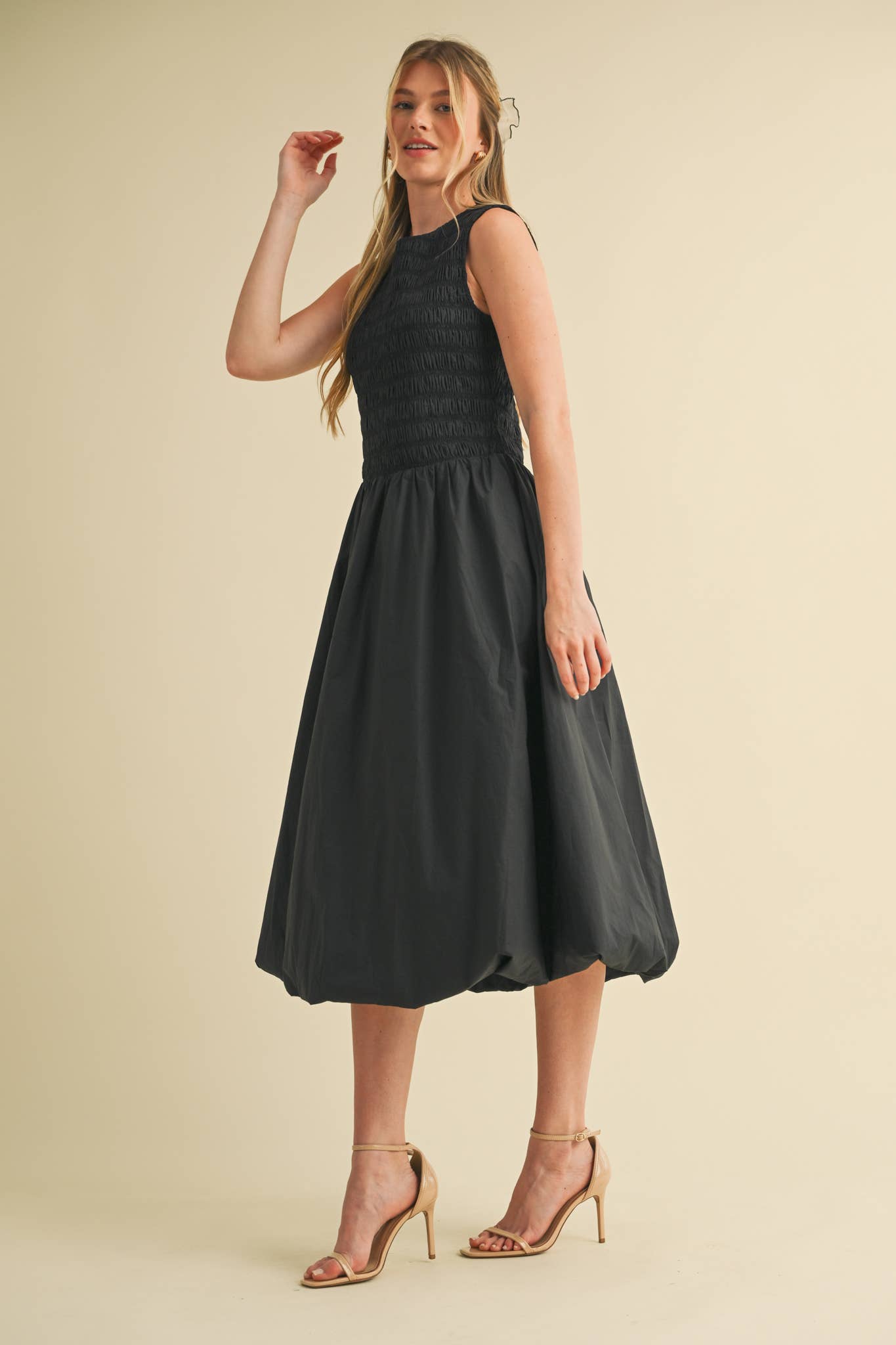 SMOCKED BUBBLE HEM MIDI DRESS MARINE BLUE