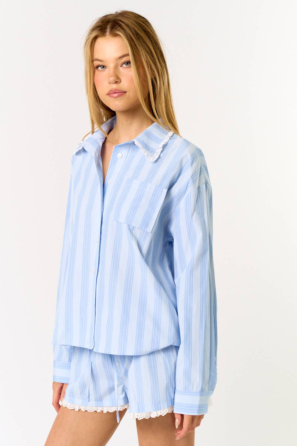 STRIPED PAJAMA TOP & SHORTS SET- White Cloud & Hydrangea Blue