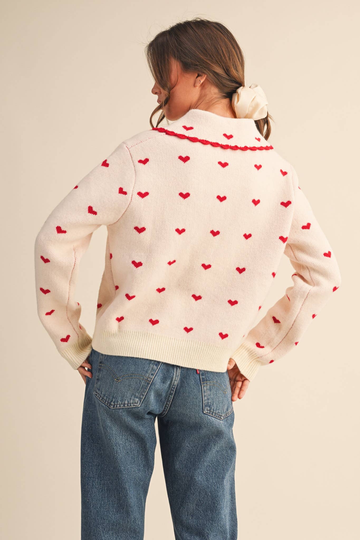 LOVER GIRL BLUE DOLL COLLAR HEART KNIT SWEATER CARDIGAN - DUSTY BLUE