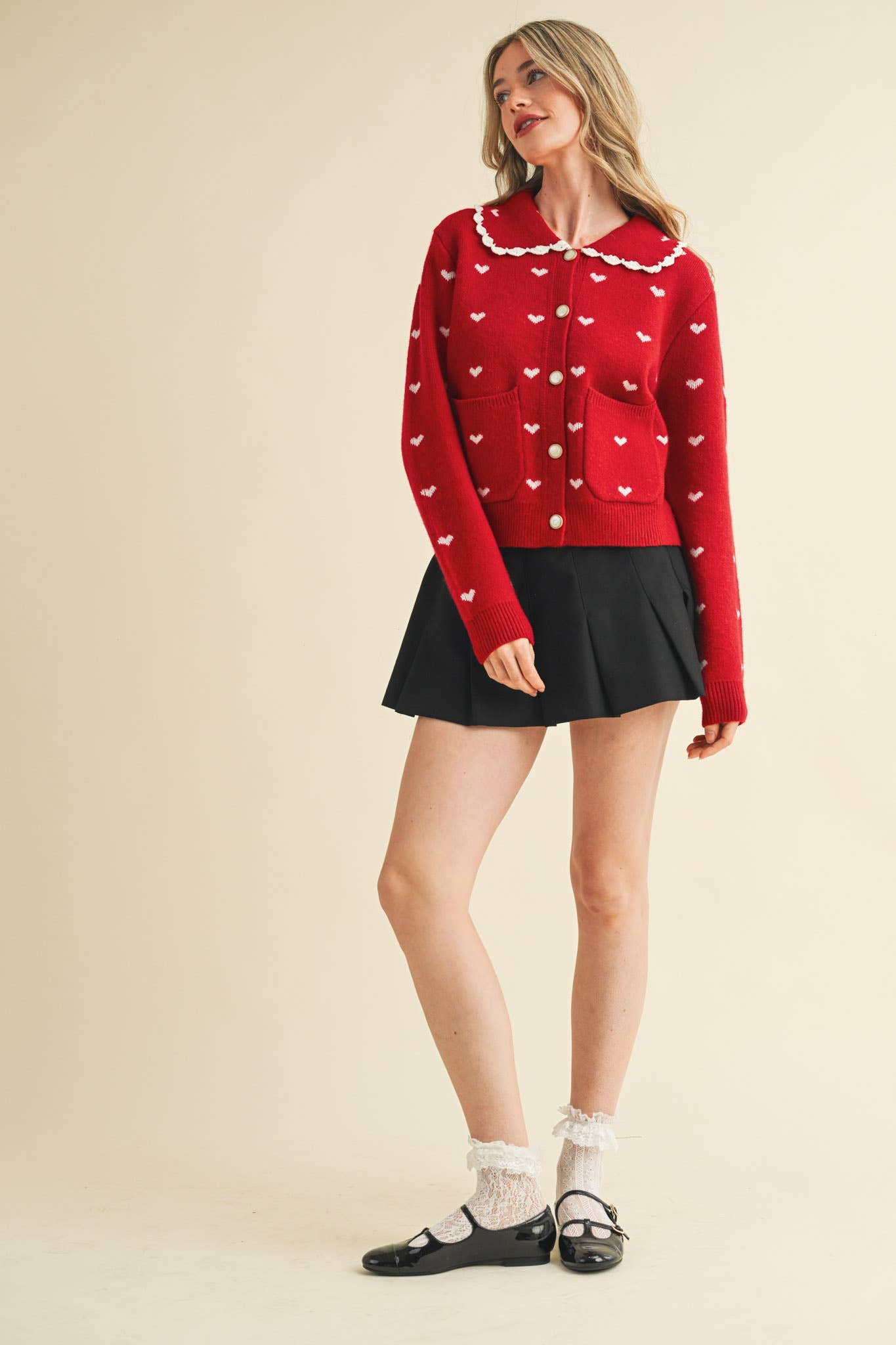 LOVER GIRL DOLL COLLAR RED HEART KNIT SWEATER CARDIGAN - IVORY & RED