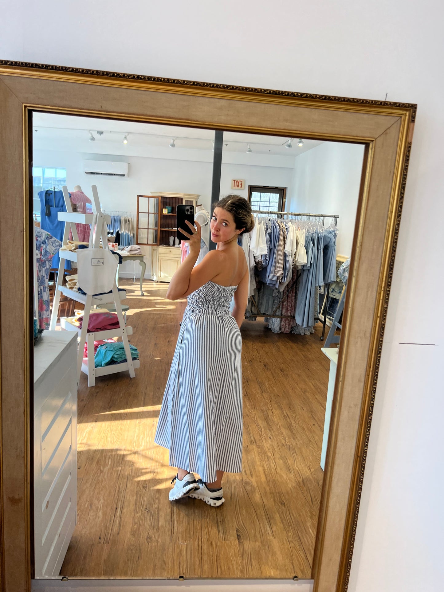 Striped Strapless Smocked Bodice midi dress