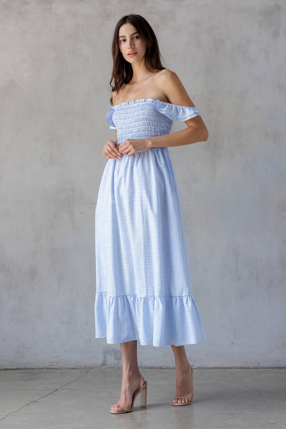 BLUE WHITE CHECKERED SMOCKED DRESS