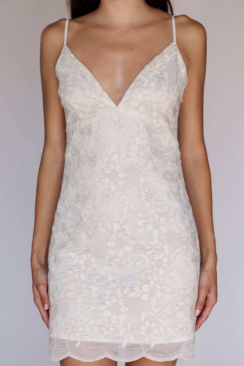 SEQUIN IT GIRL FLORAL LACE MINI DRESS: IVORY