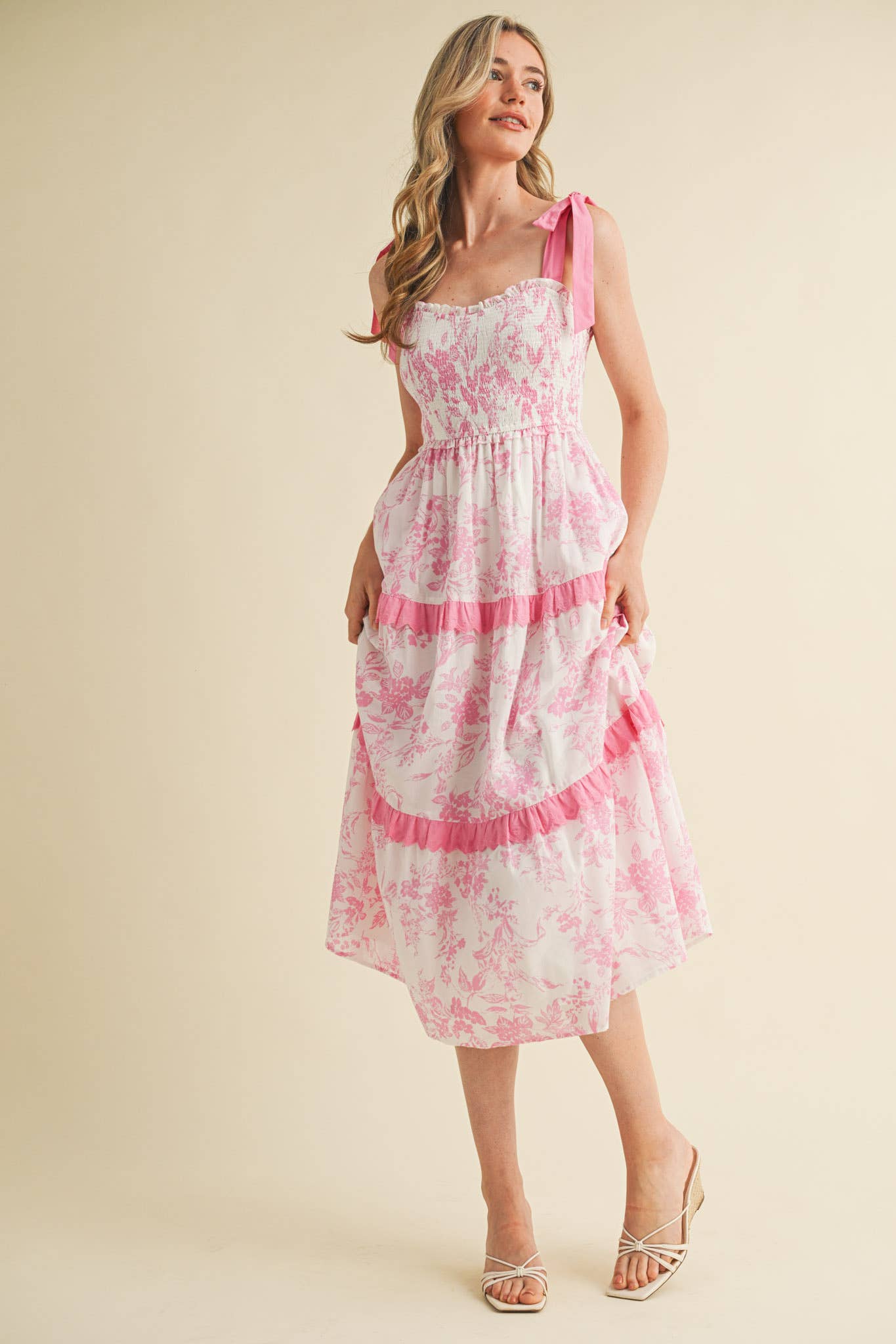 PINK FLORAL TIERED SCALLOP TRIM DRESS