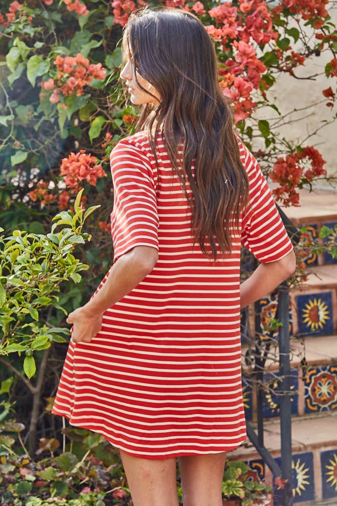 PERFECT T-SHIRT DRESS - Cotton Striped Short Sleeve Round Neck Mini: Red Ivory