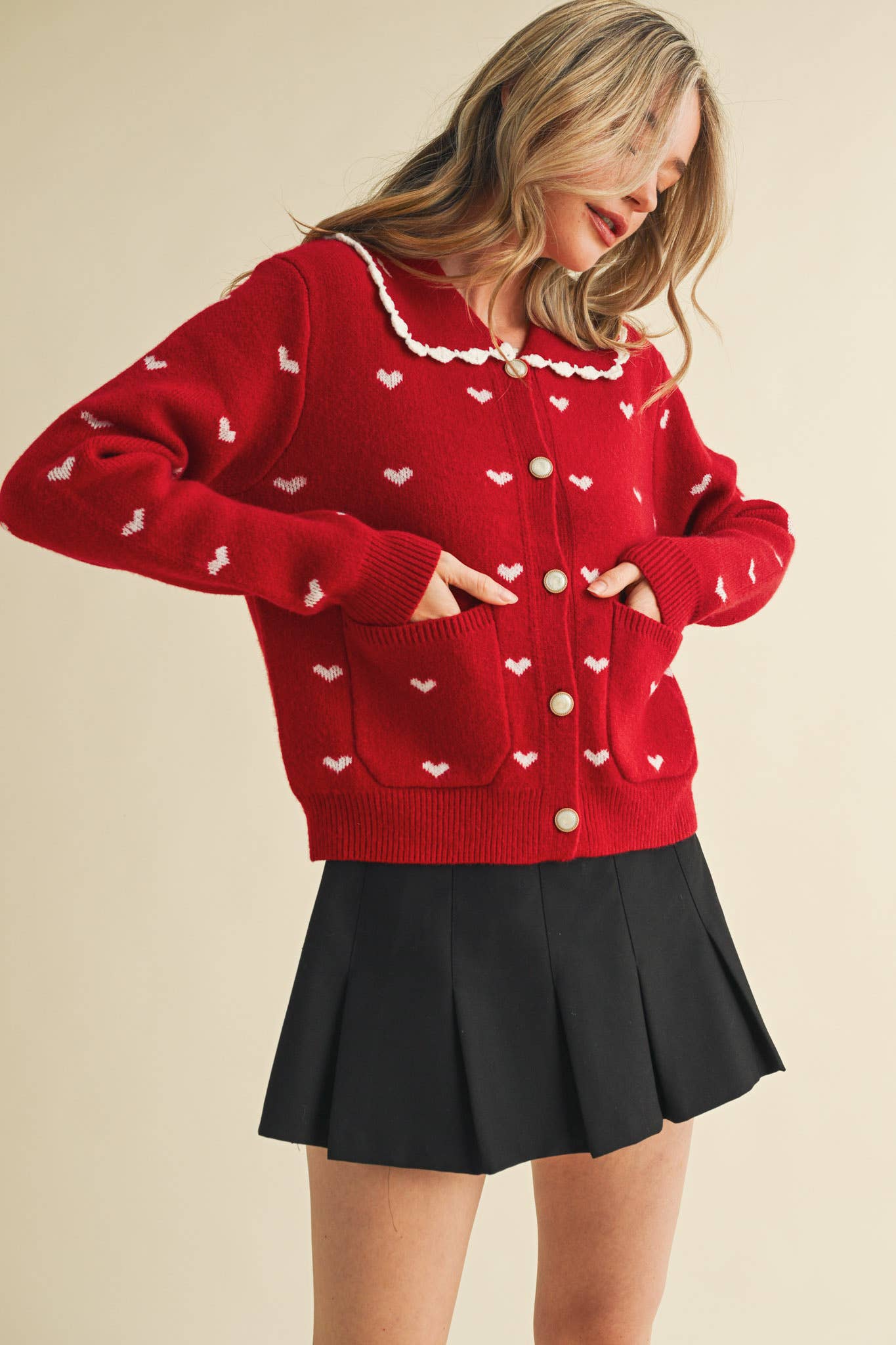 LOVER GIRL BLUE DOLL COLLAR HEART KNIT SWEATER CARDIGAN - DUSTY BLUE