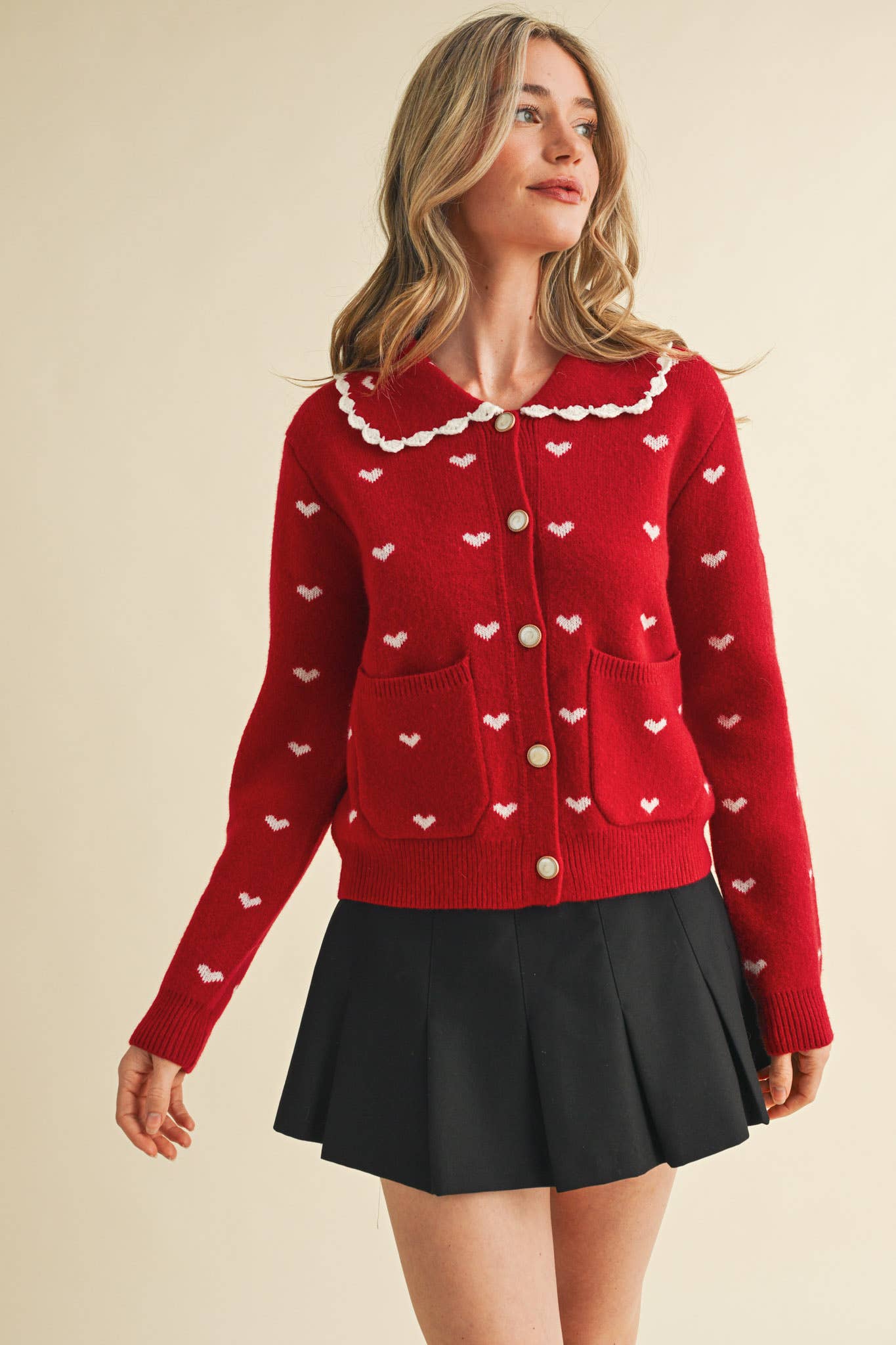 LOVER GIRL BLUE DOLL COLLAR HEART KNIT SWEATER CARDIGAN - DUSTY BLUE