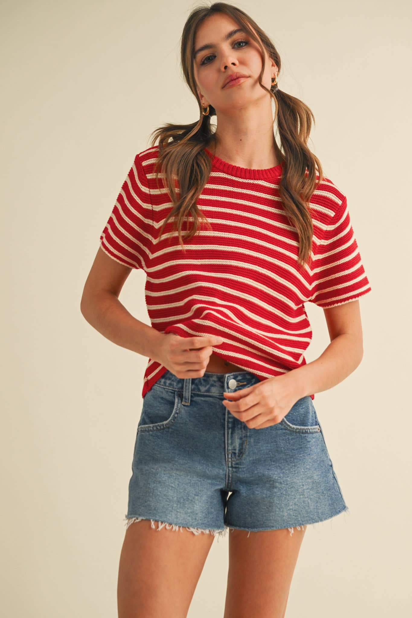 SHORT SLEEVE STRIPED SWEATER TOP Red Stripe