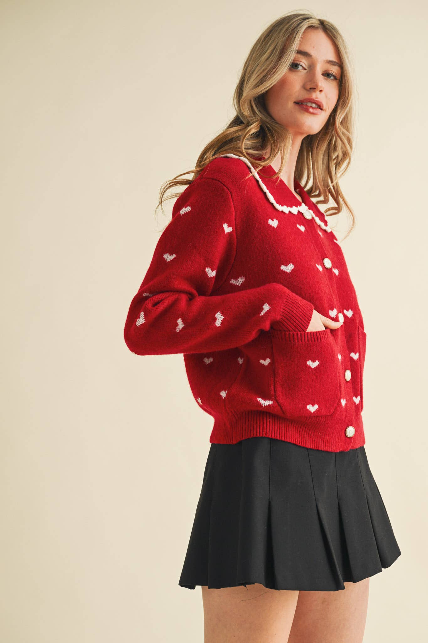 LOVER GIRL BLUE DOLL COLLAR HEART KNIT SWEATER CARDIGAN - DUSTY BLUE