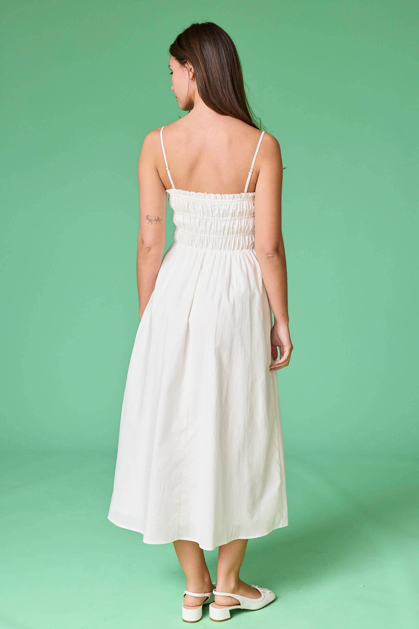 Scarlet Smocked Bow Trim Midi Dress: White/Blue