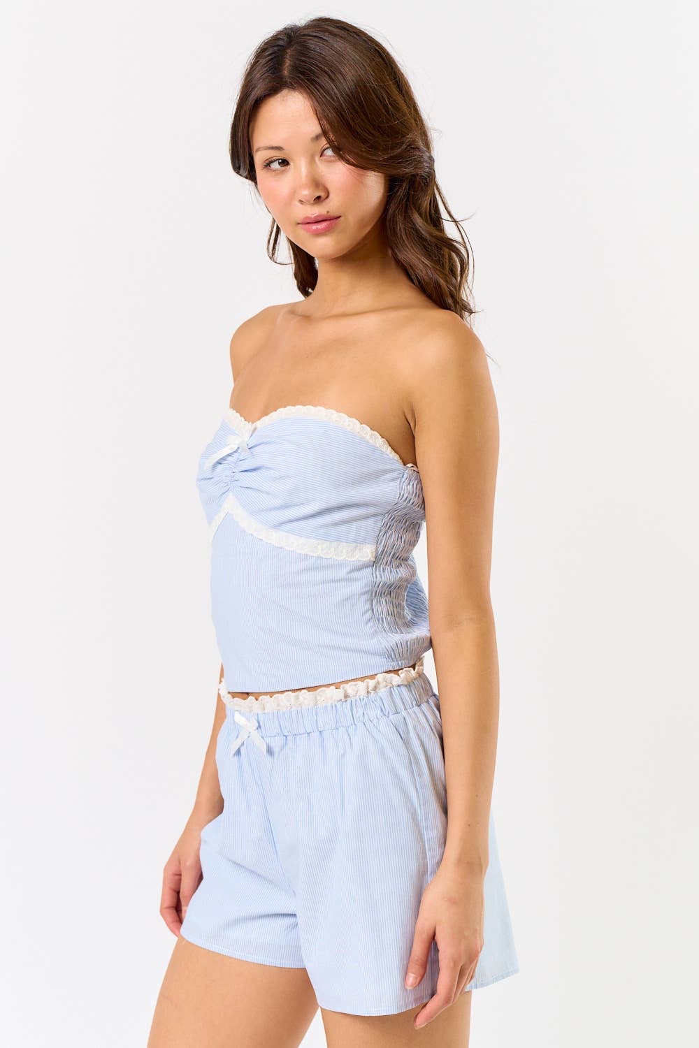 PIN STRIPE TUBE TOP W/ LACE TRIM WITH SHORTS SET