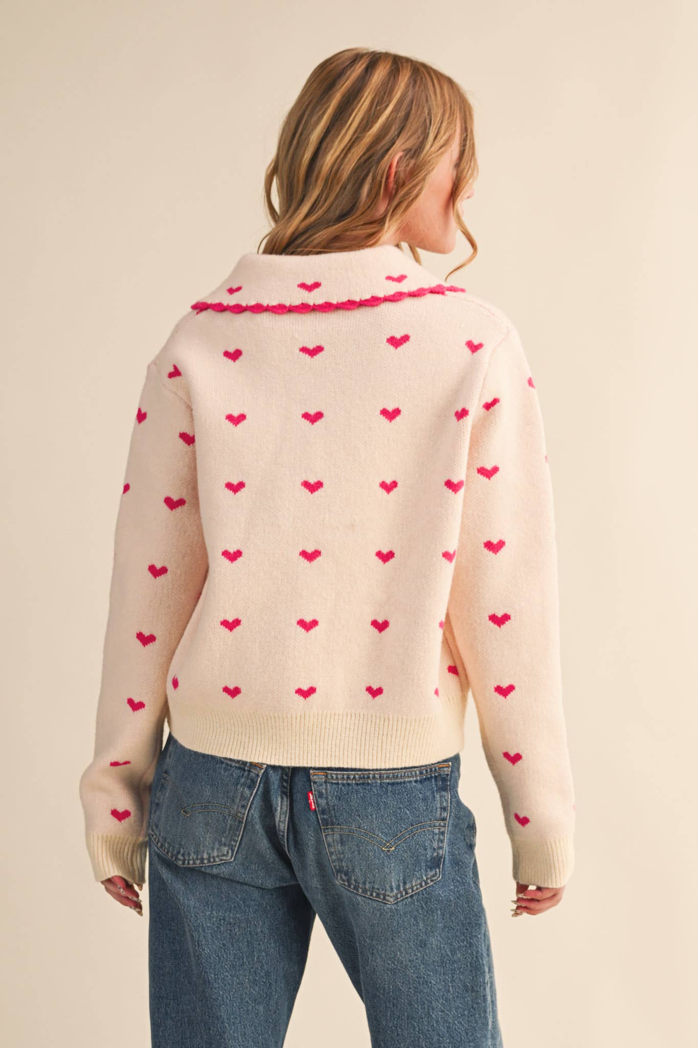 LOVER GIRL DOLL COLLAR RED HEART KNIT SWEATER CARDIGAN - IVORY & RED