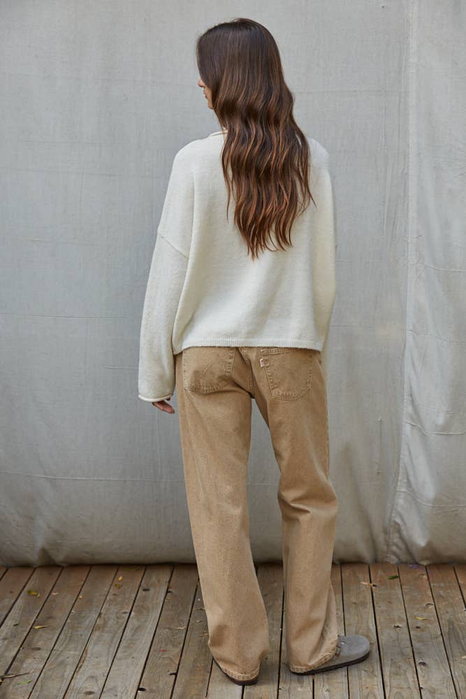 W2814 | Knit Sweater Animal Jacquard Long Sleeve Pullover: Cream Orange / S