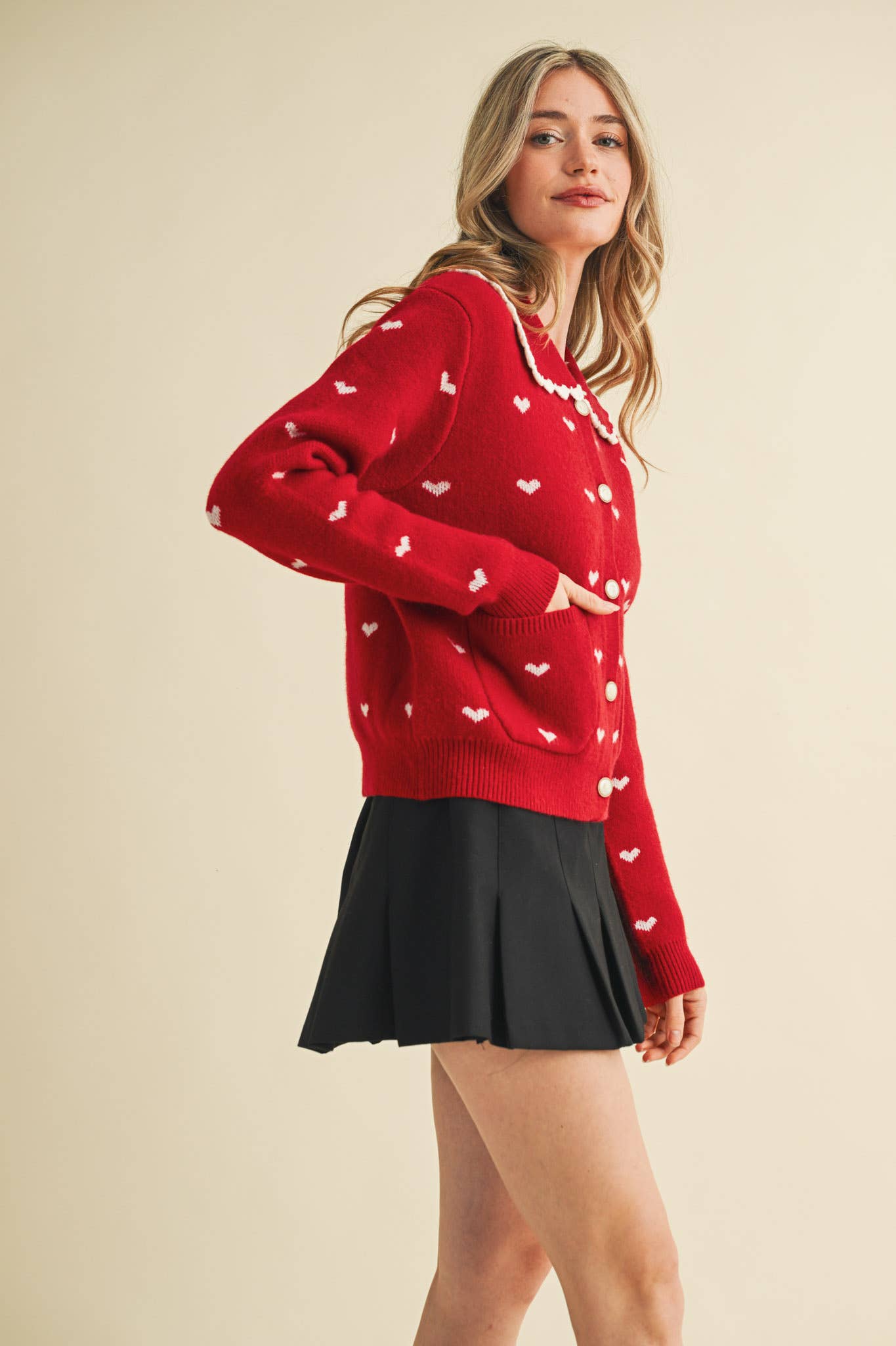 LOVER GIRL BLUE DOLL COLLAR HEART KNIT SWEATER CARDIGAN - DUSTY BLUE