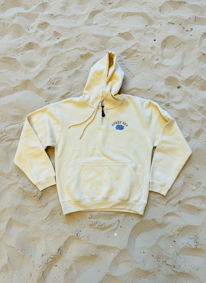 APRÈS SEA HYDRANGEA EMBROIDERED QUARTER-ZIP - BUTTER / PERIWINKLE