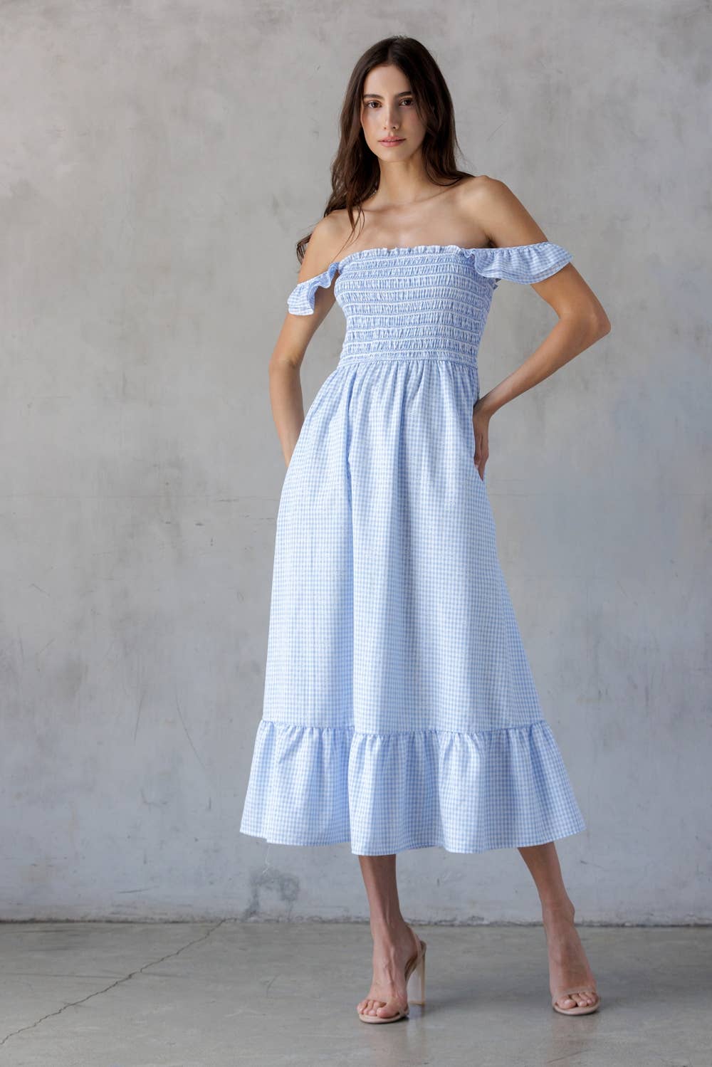 BLUE WHITE CHECKERED SMOCKED DRESS