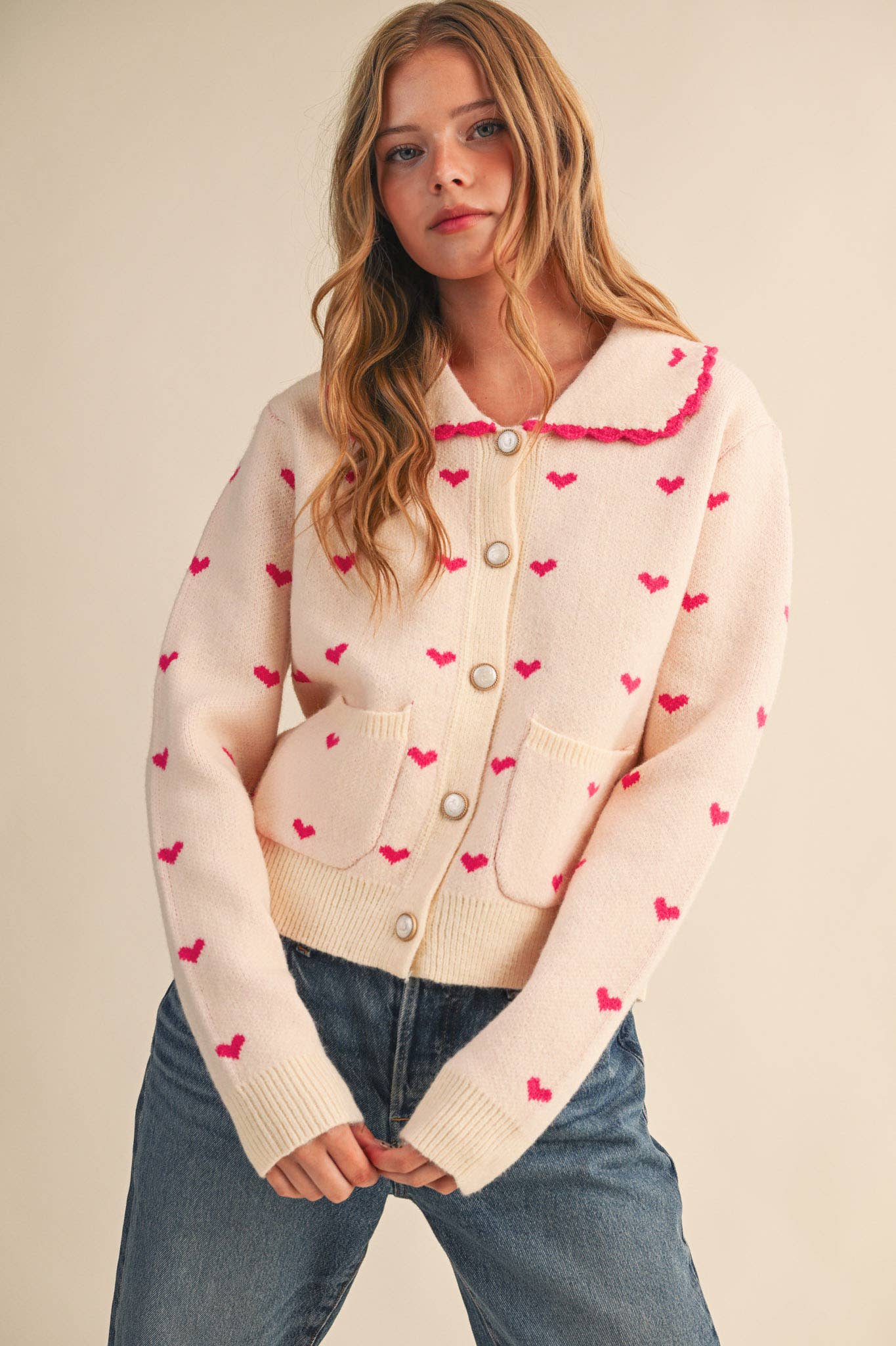 LOVER GIRL BLUE DOLL COLLAR HEART KNIT SWEATER CARDIGAN - DUSTY BLUE