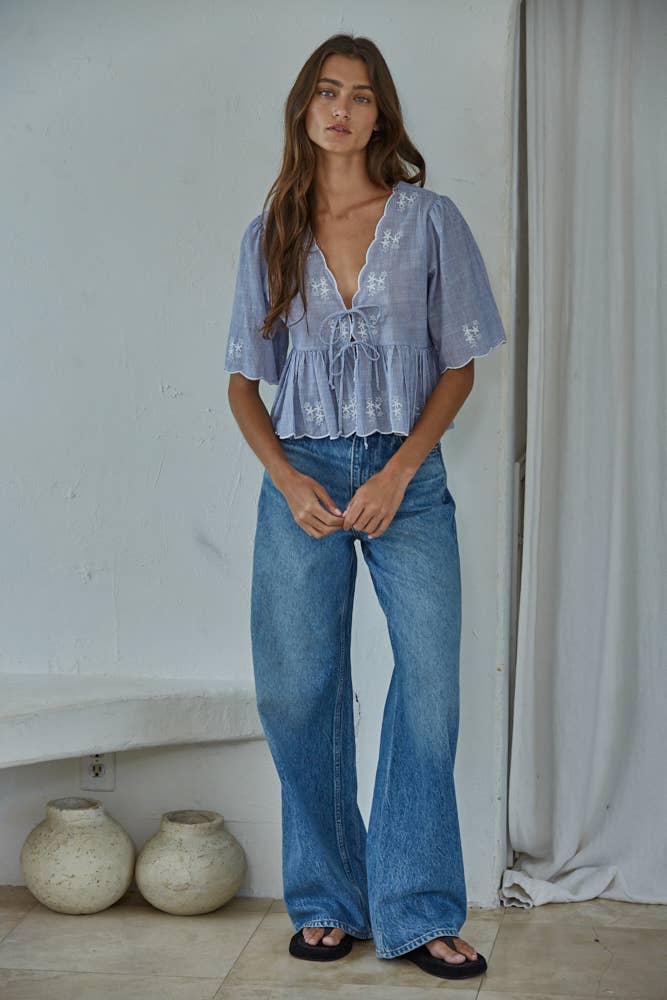 Cotton Striped Front Tie Peplum Top : Blue White