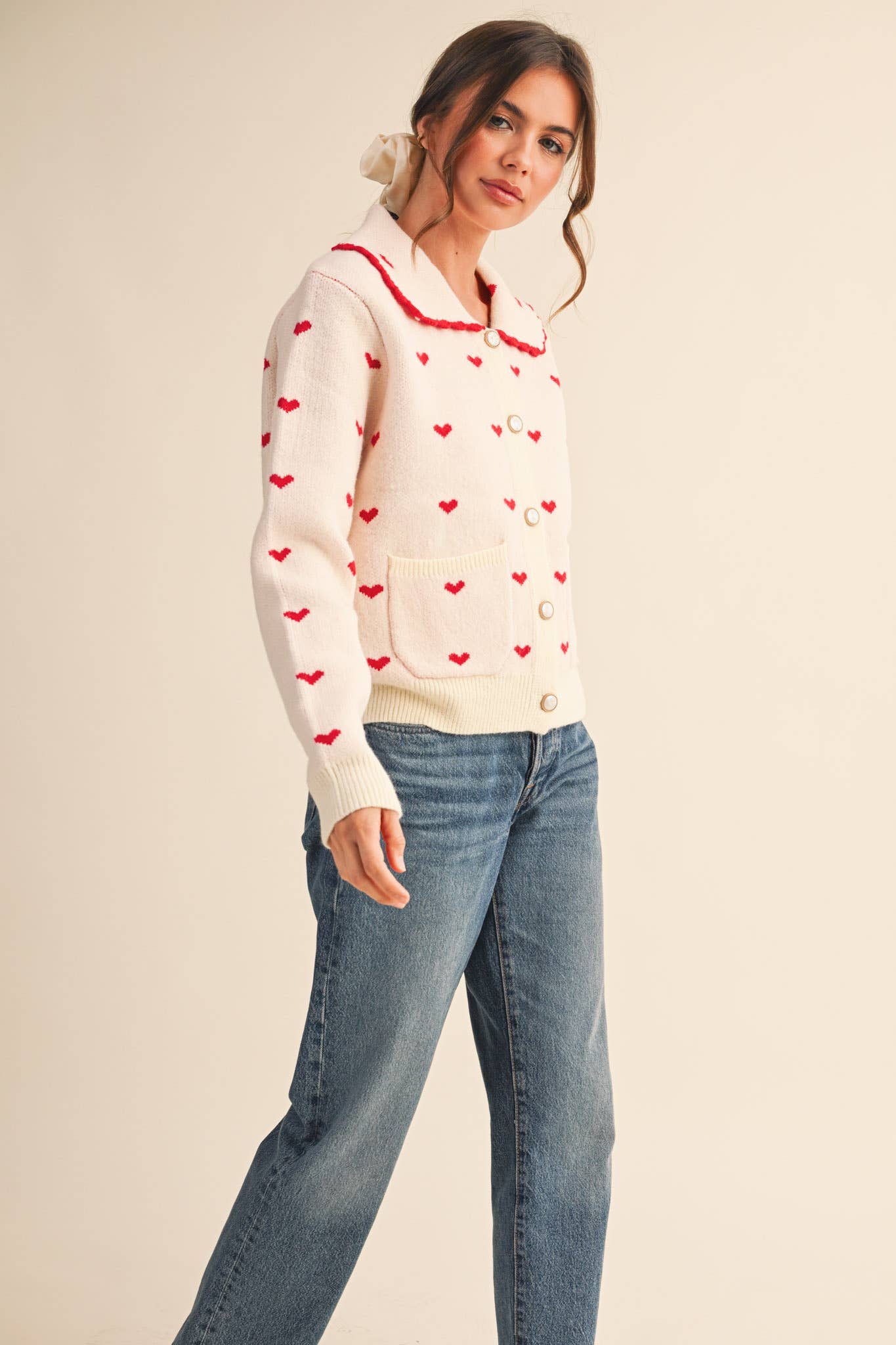LOVER GIRL BLUE DOLL COLLAR HEART KNIT SWEATER CARDIGAN - DUSTY BLUE