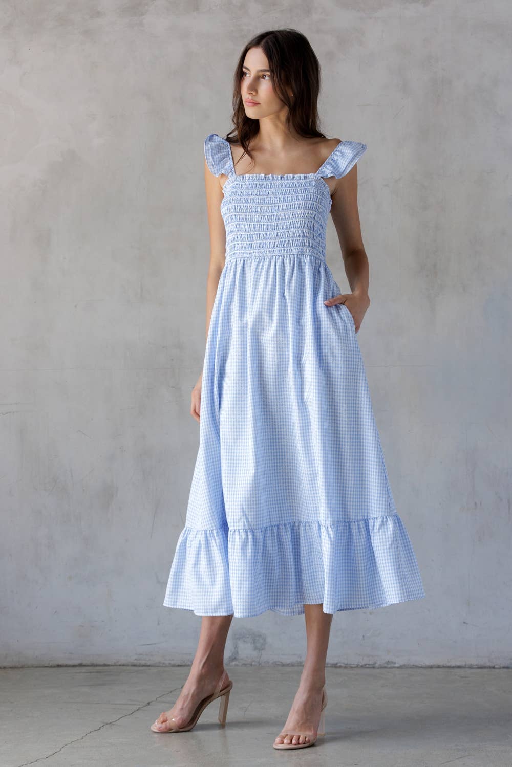 BLUE WHITE CHECKERED SMOCKED DRESS