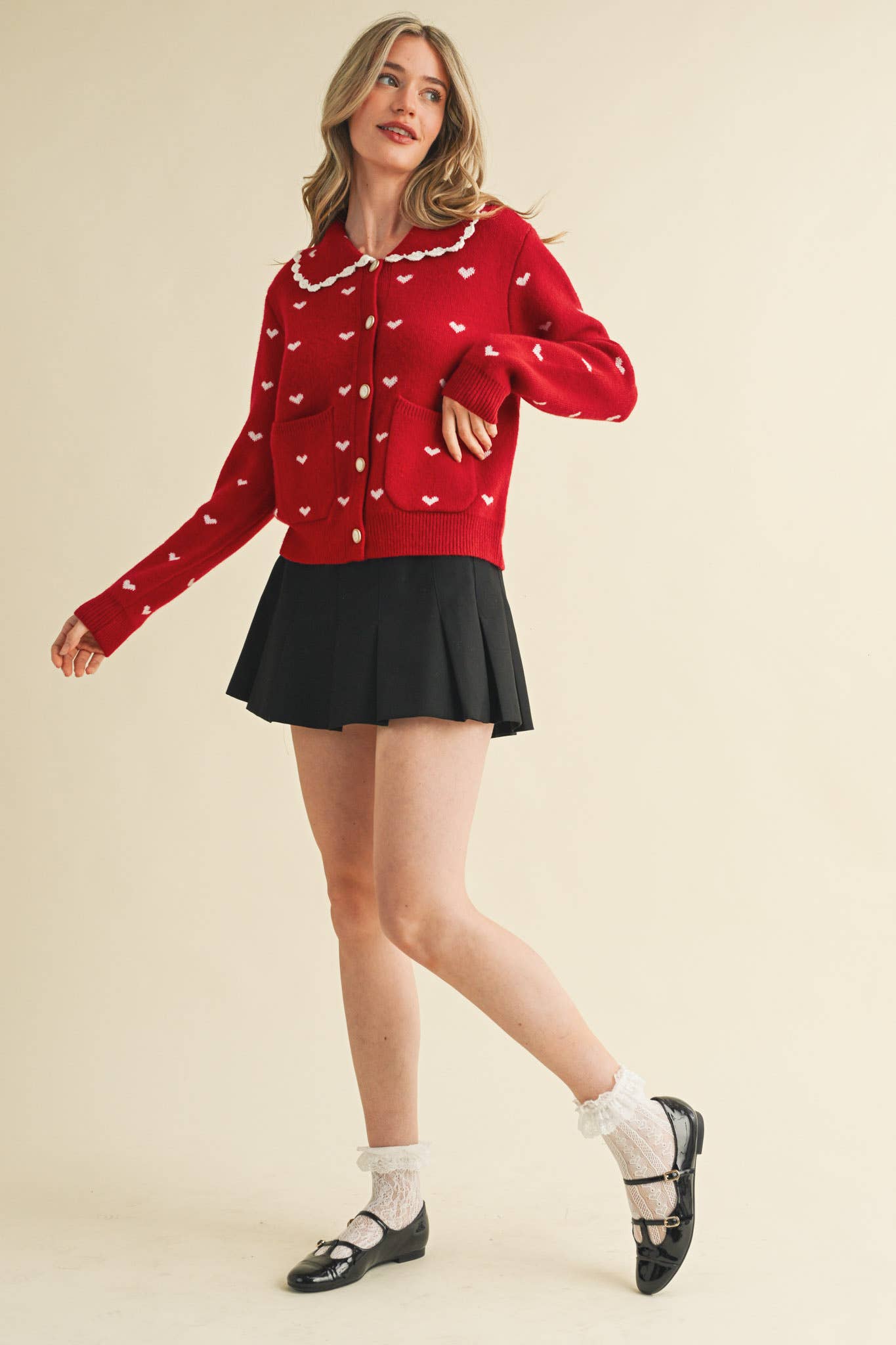LOVER GIRL DOLL COLLAR RED HEART KNIT SWEATER CARDIGAN - IVORY & RED
