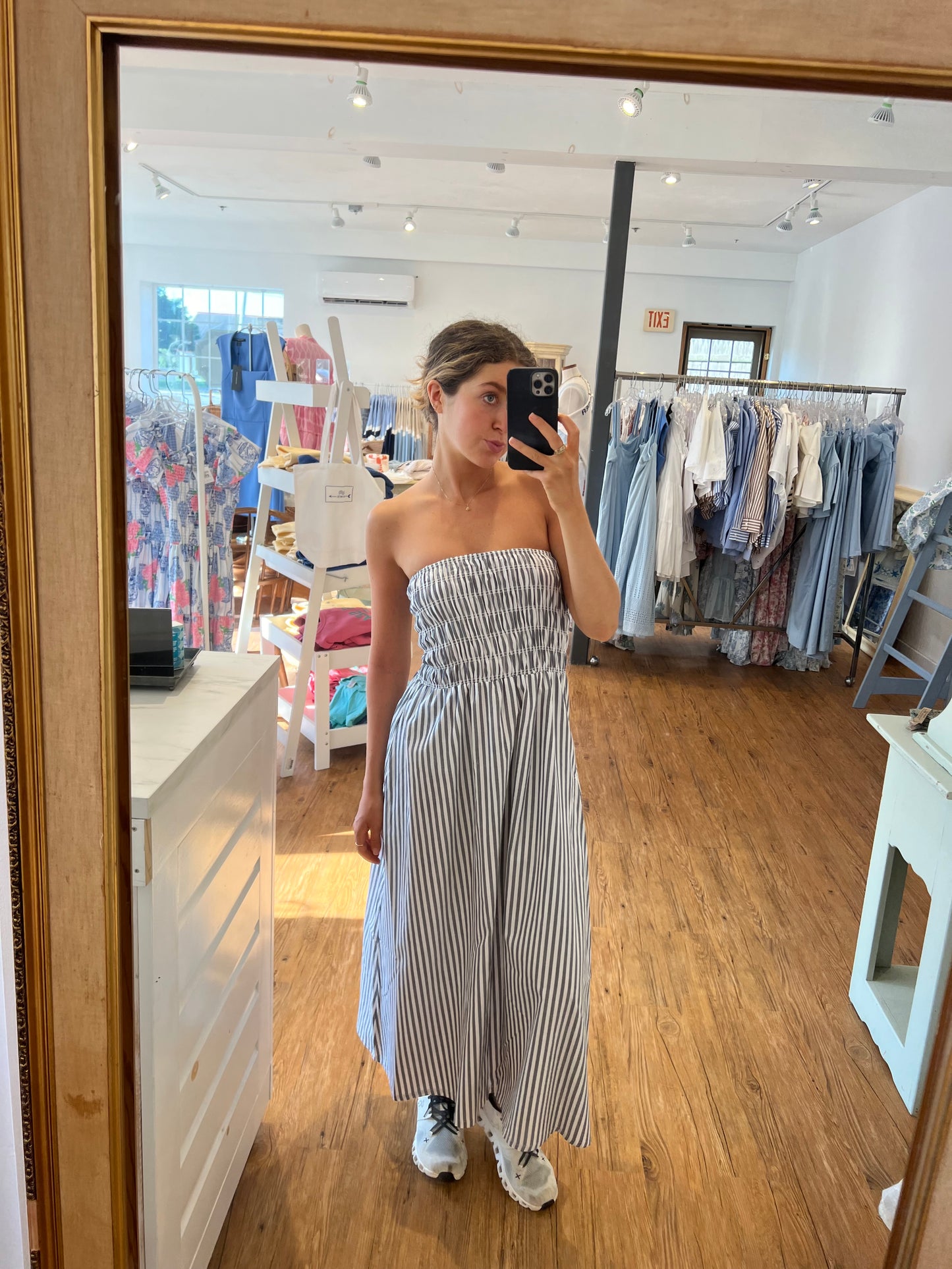 Striped Strapless Smocked Bodice midi dress