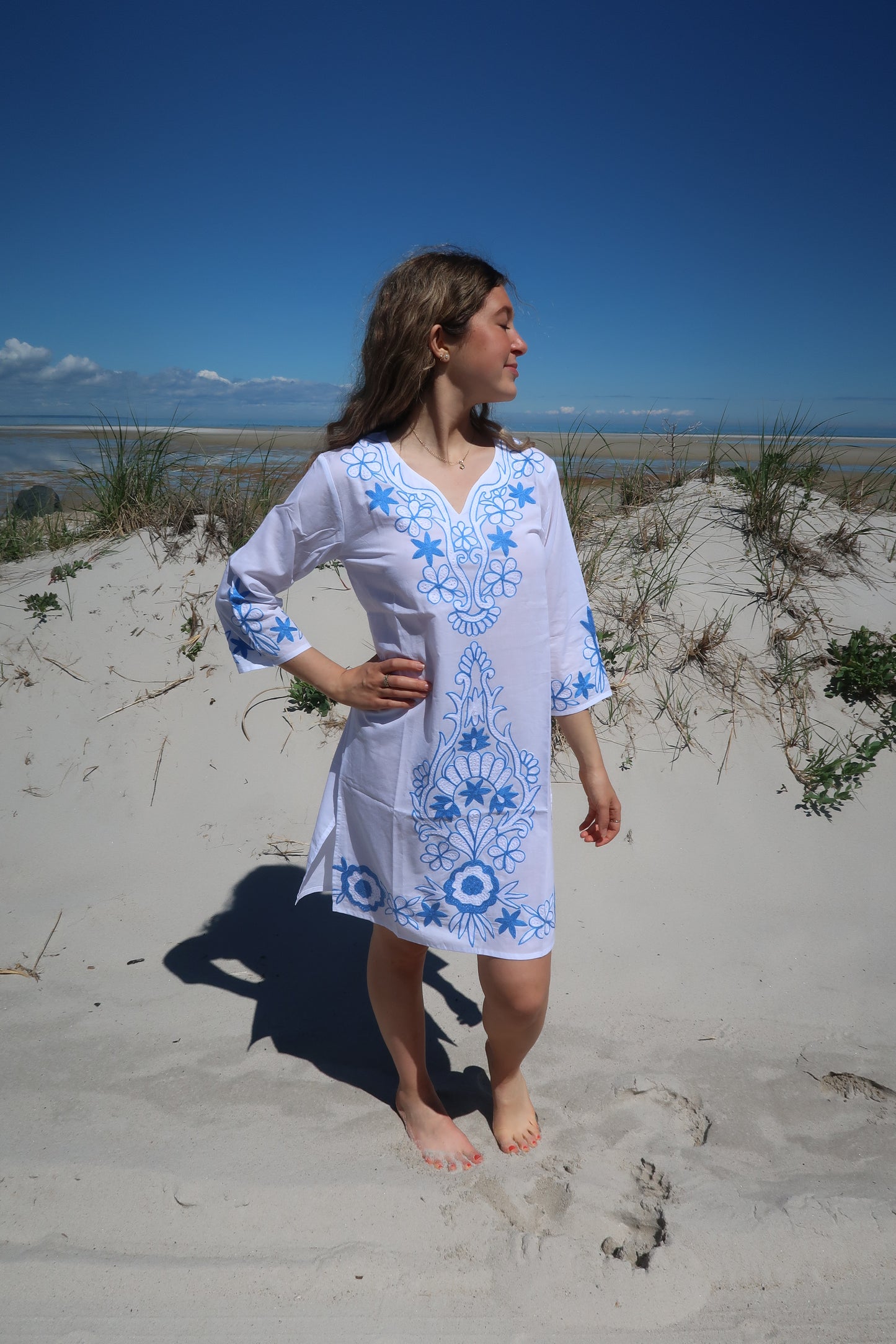 See you in Nice, Blue & White Embroidered Beach Tunic