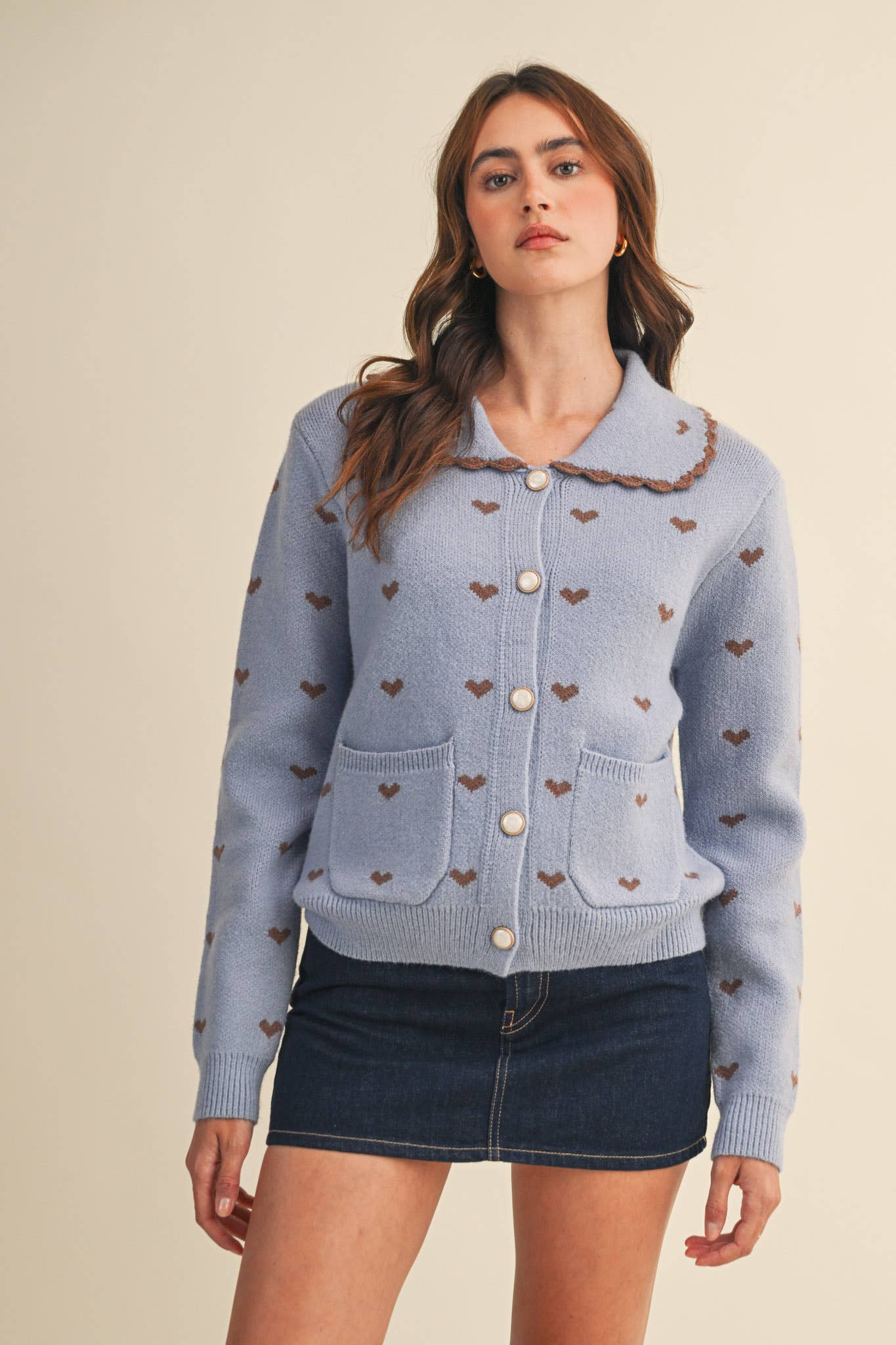 LOVER GIRL BLUE DOLL COLLAR HEART KNIT SWEATER CARDIGAN - DUSTY BLUE