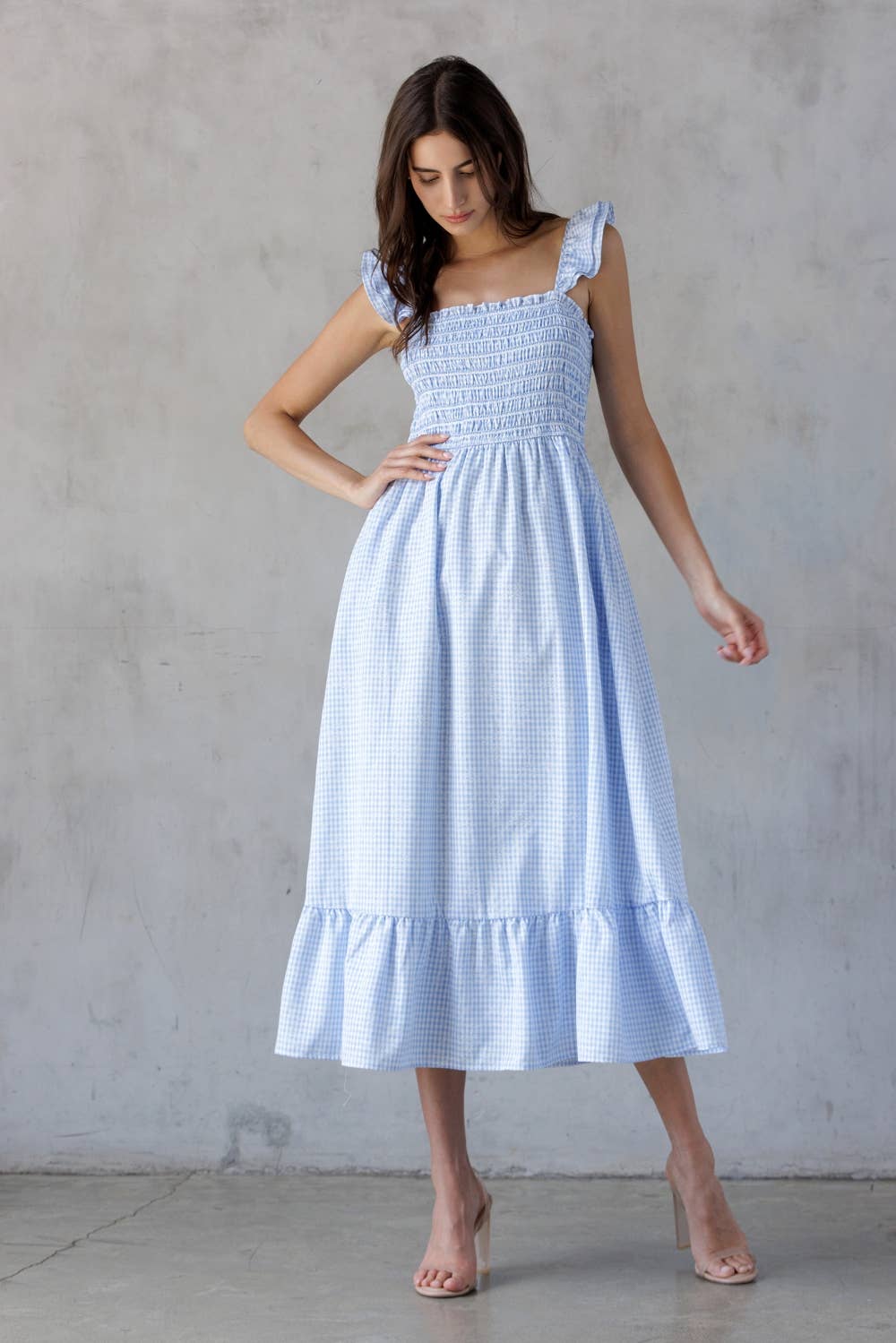 BLUE WHITE CHECKERED SMOCKED DRESS