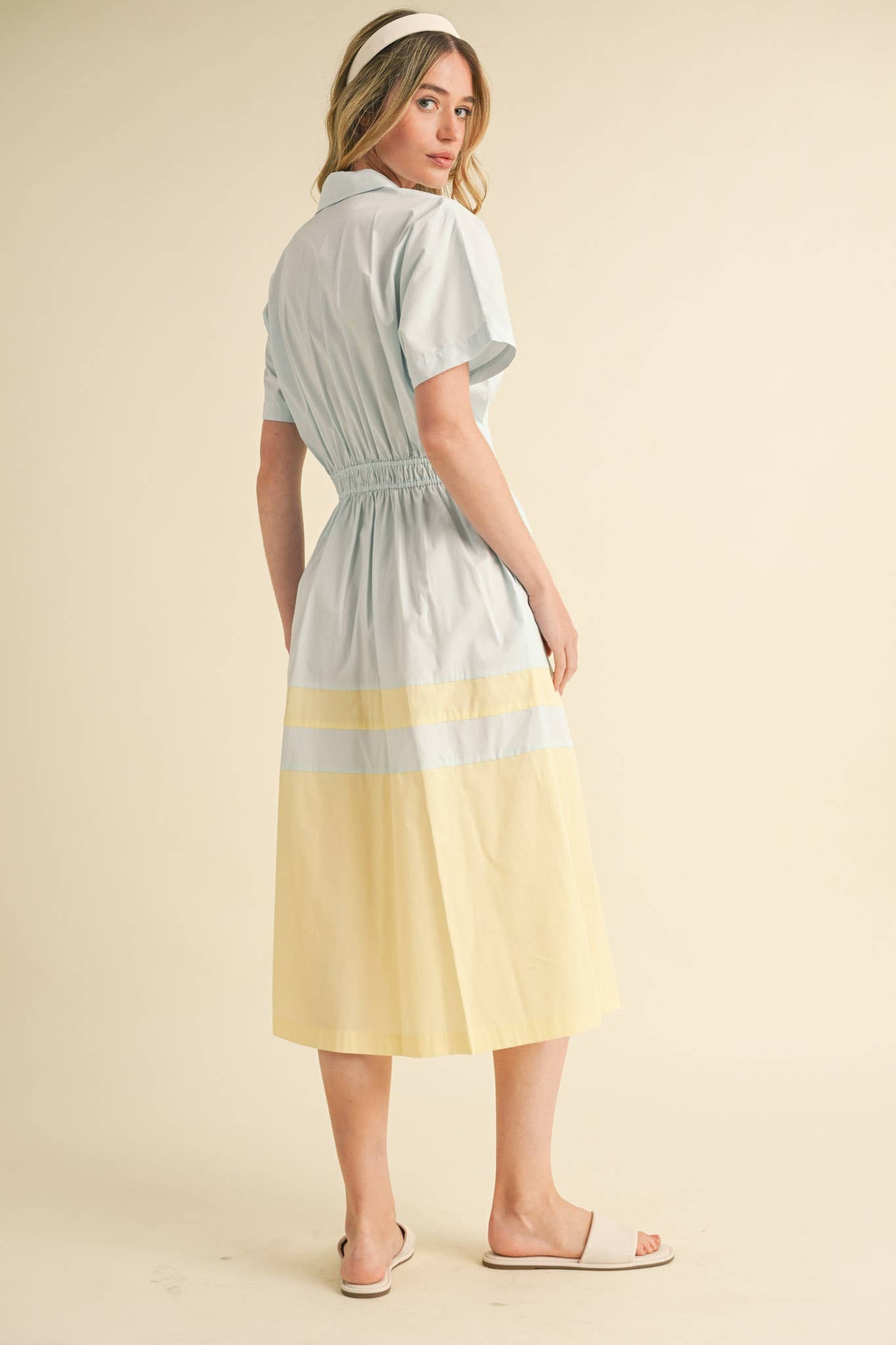 THE BEST HOSTESS BUTTON DOWN PLEATED WAIST COLOR BLOCK DRESS
