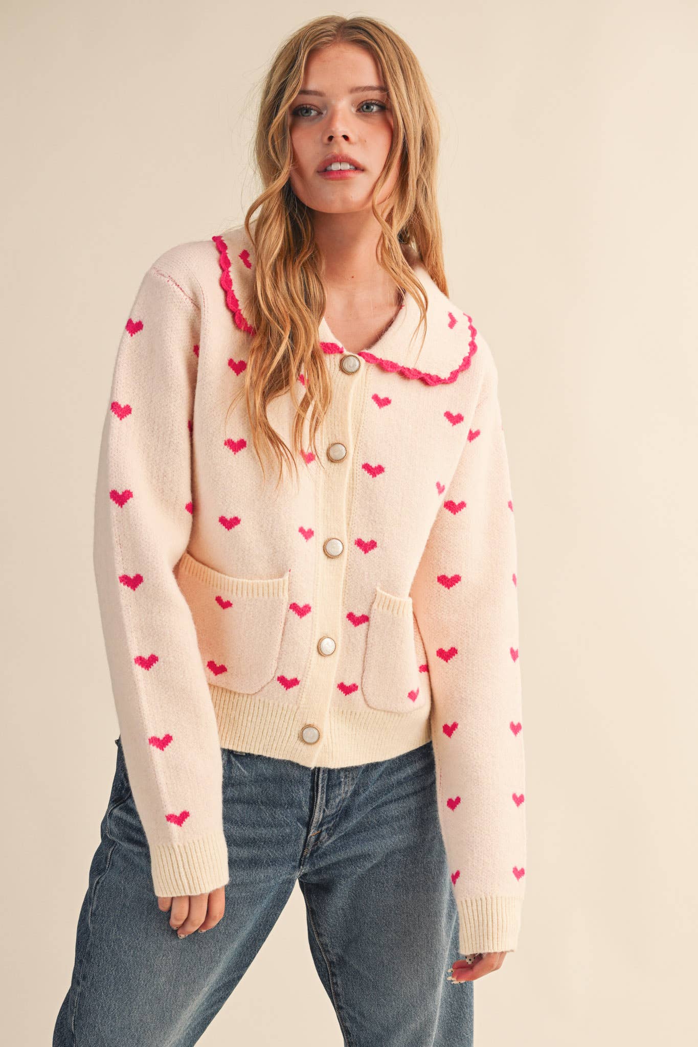 LOVER GIRL DOLL COLLAR RED HEART KNIT SWEATER CARDIGAN - IVORY & RED