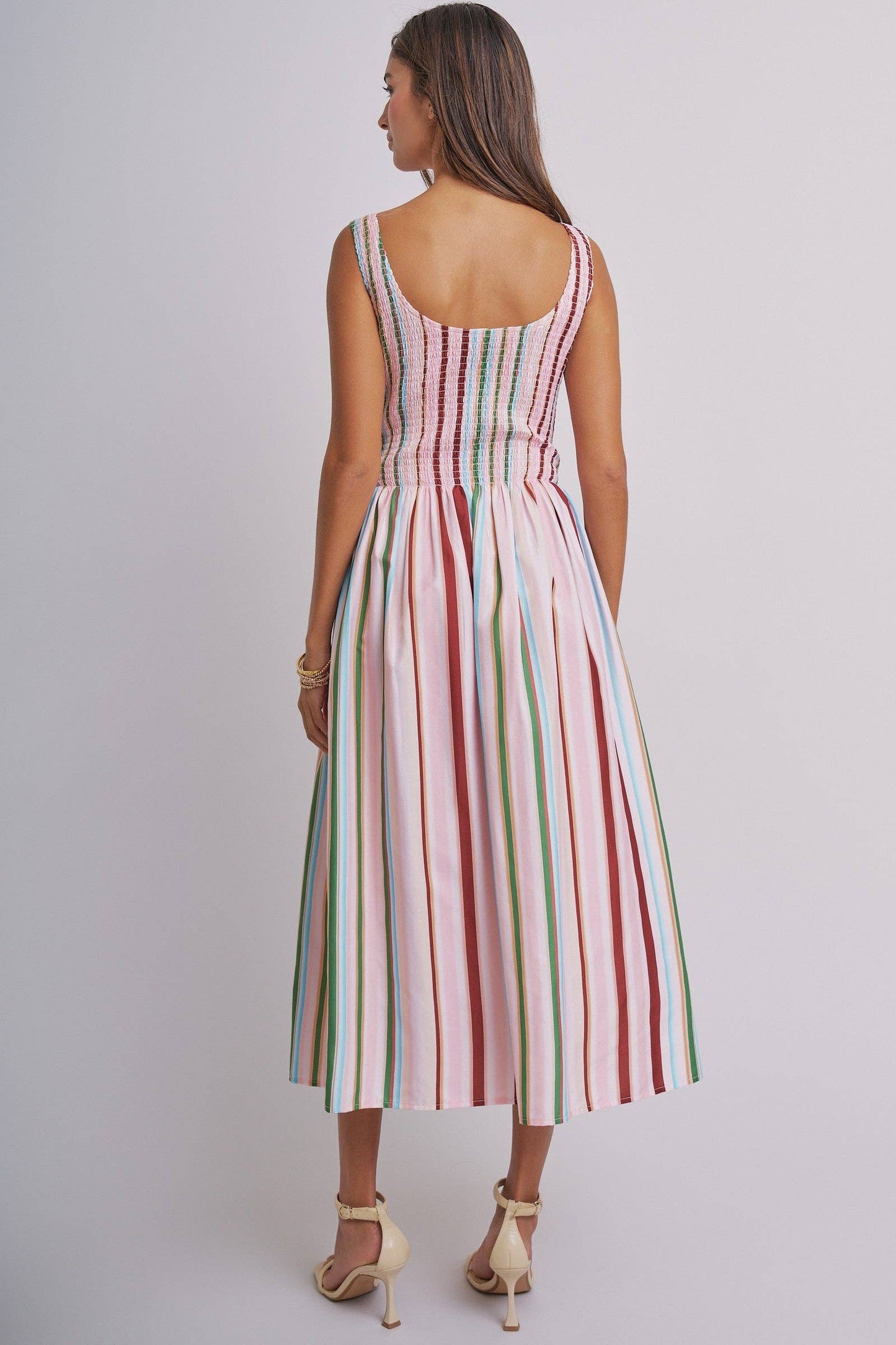 Candy Stripe Smocked Midi Dress With High Neckline: Multi / S-M-L