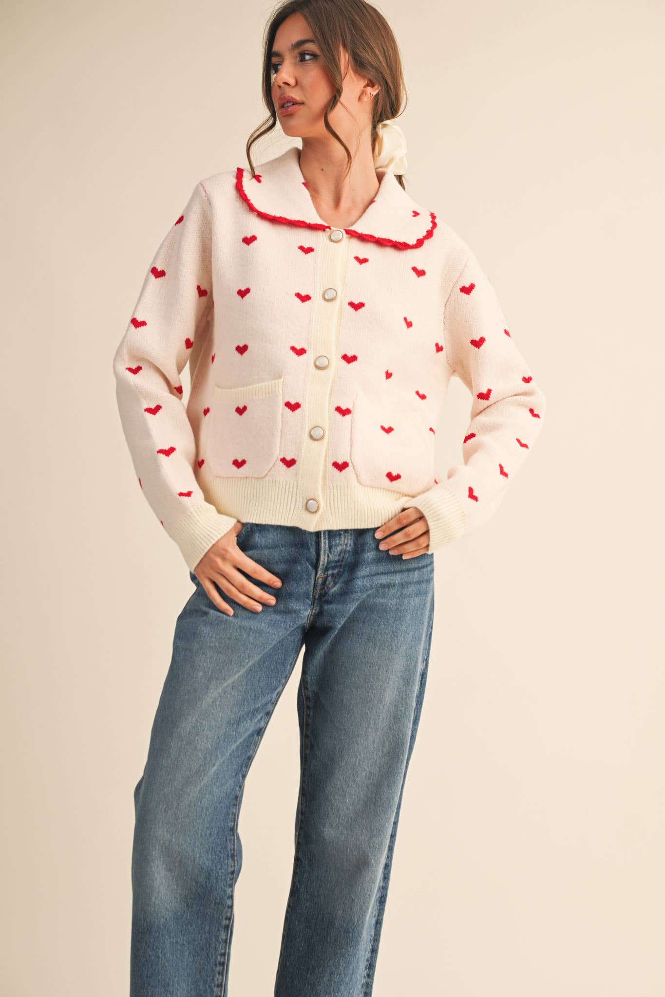 LOVER GIRL DOLL COLLAR RED HEART KNIT SWEATER CARDIGAN - IVORY & RED