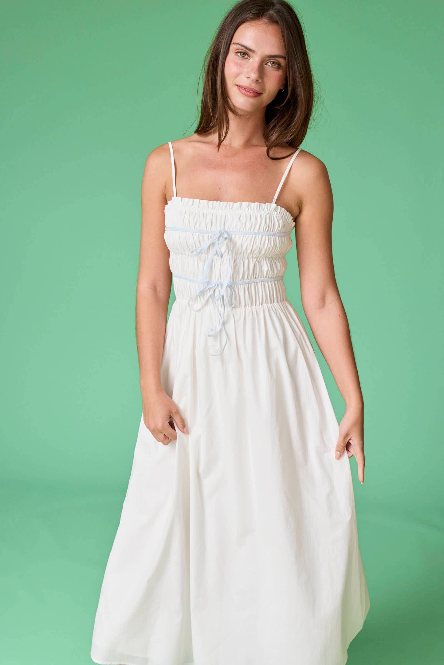Scarlet Smocked Bow Trim Midi Dress: White/Blue