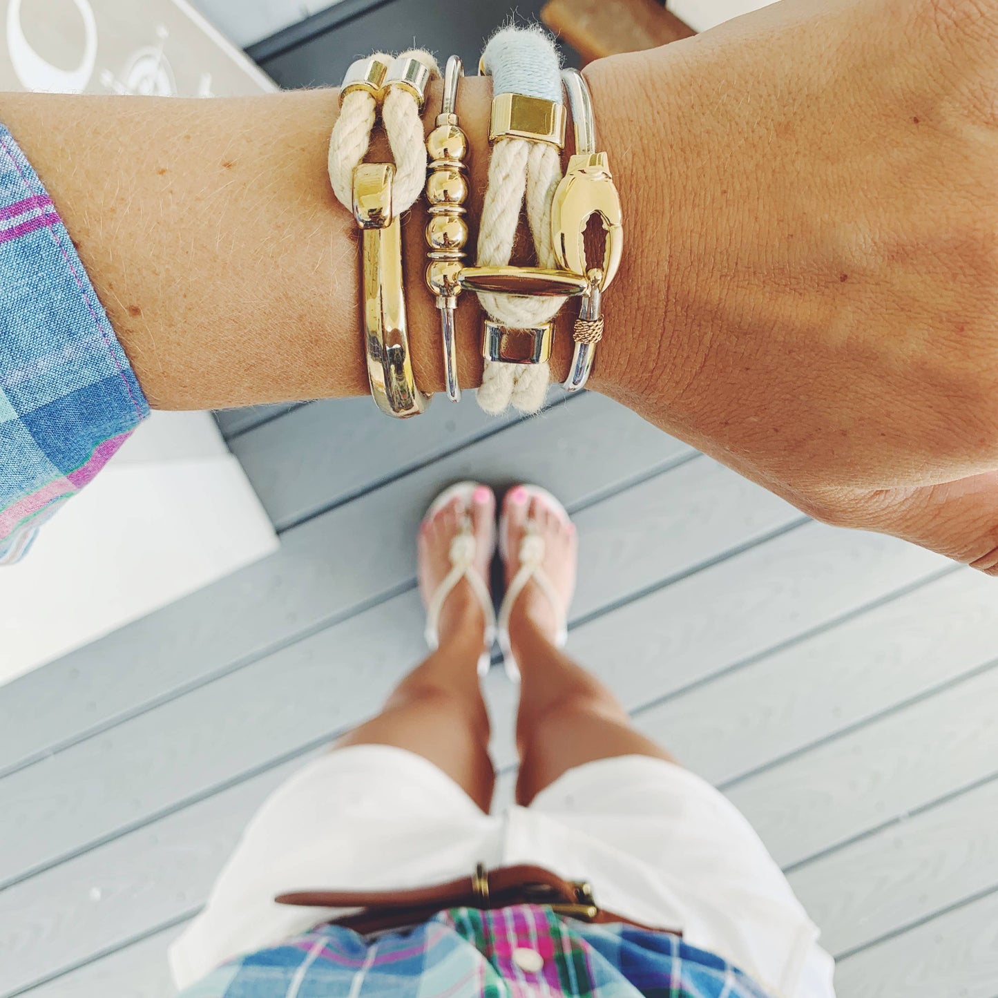 Cambridge - Ivory/Light Blue/Gold - Nautical Rope Bracelet: L