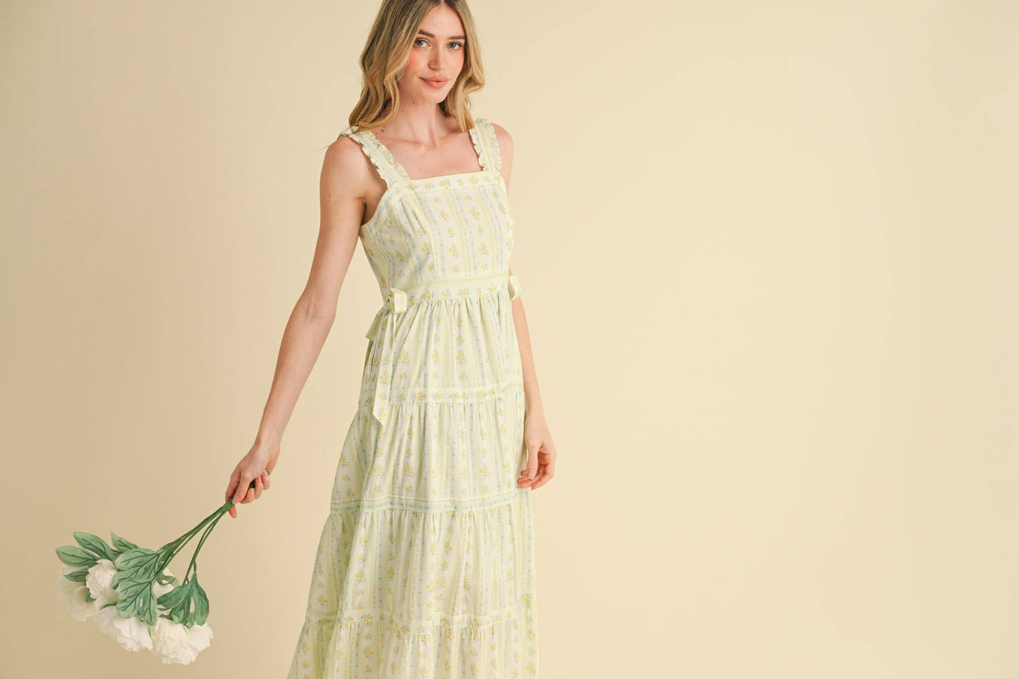RUFFLED STRAP FLORAL DRESS WITH SIDE TYING BOWS - Chartreuse