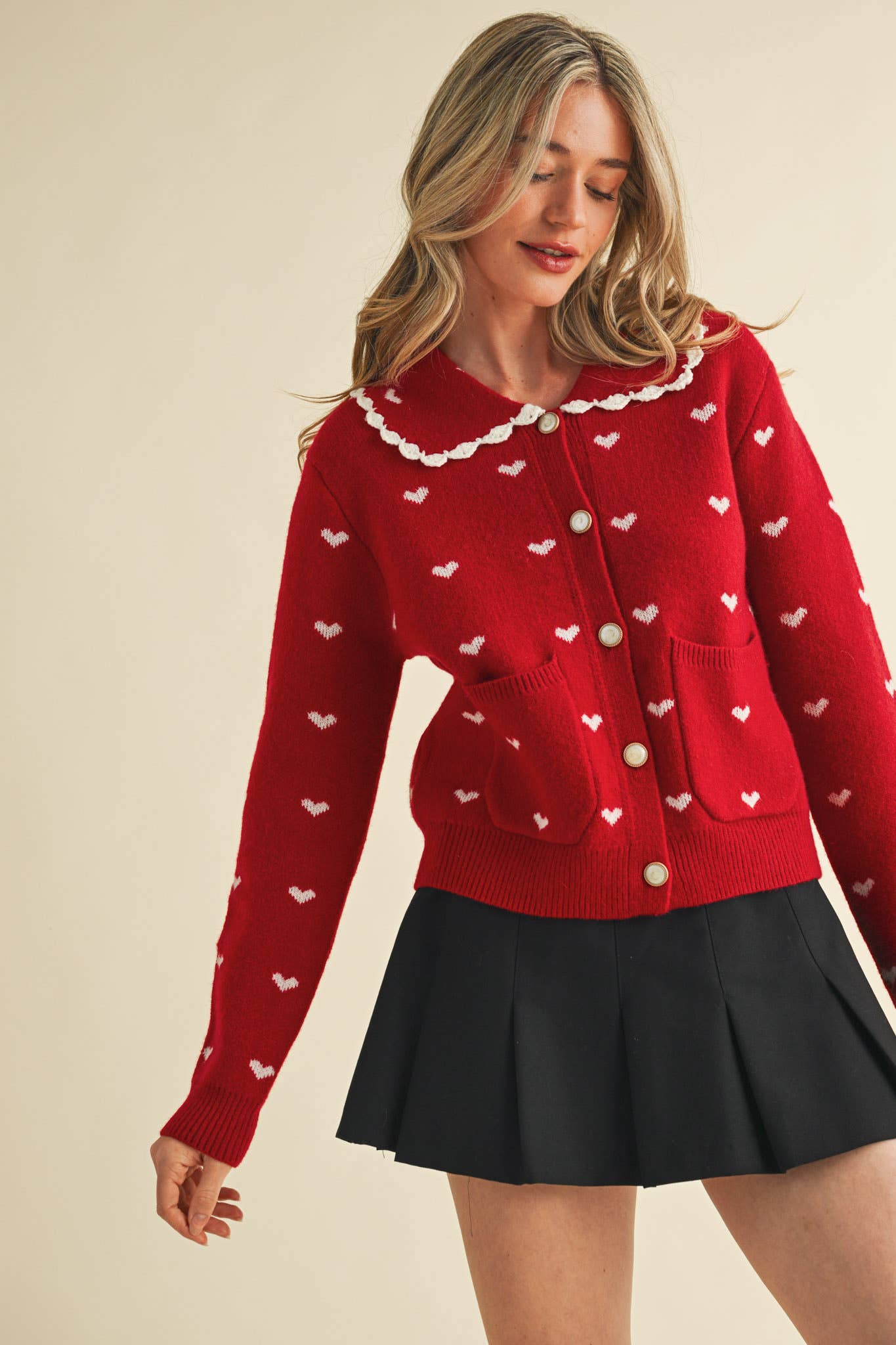 LOVER GIRL DOLL COLLAR RED HEART KNIT SWEATER CARDIGAN - IVORY & RED