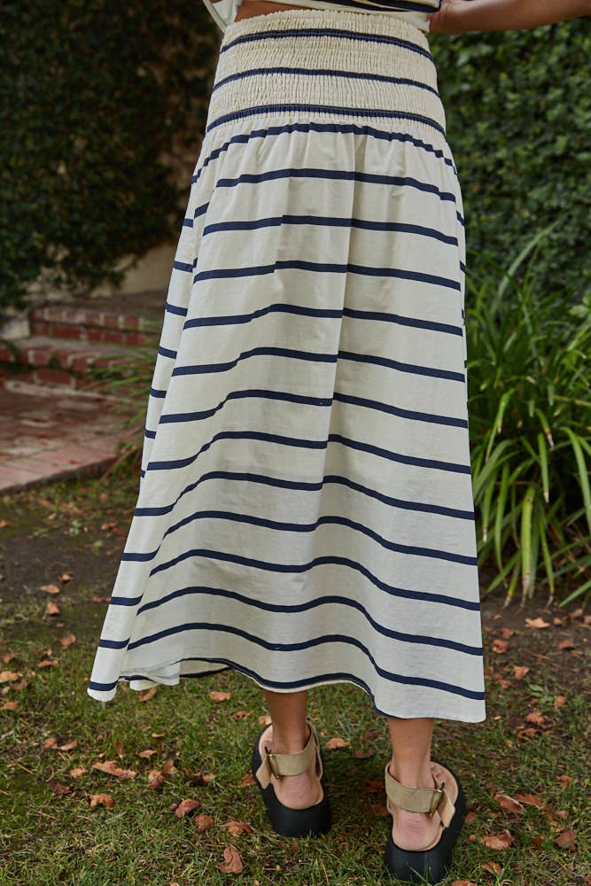 L9538B | Woven Cotton Striped Back Smocking Flare Midi Skirt: Cream Navy / M