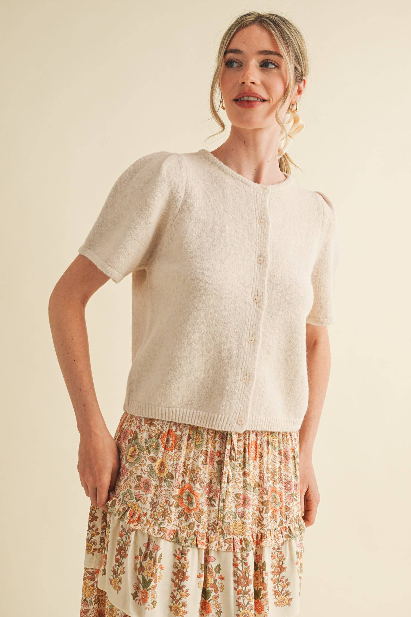 RED PUFF SLEEVE CARDIGAN SWEATER