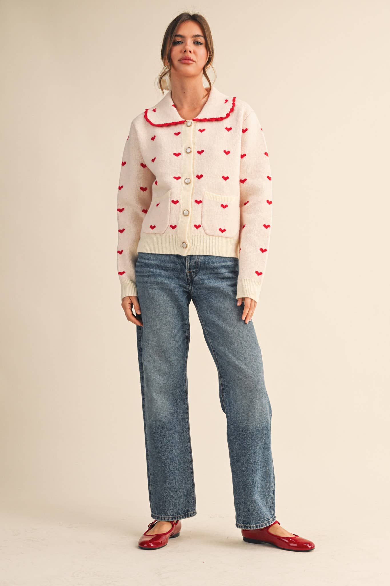 LOVER GIRL BLUE DOLL COLLAR HEART KNIT SWEATER CARDIGAN - DUSTY BLUE