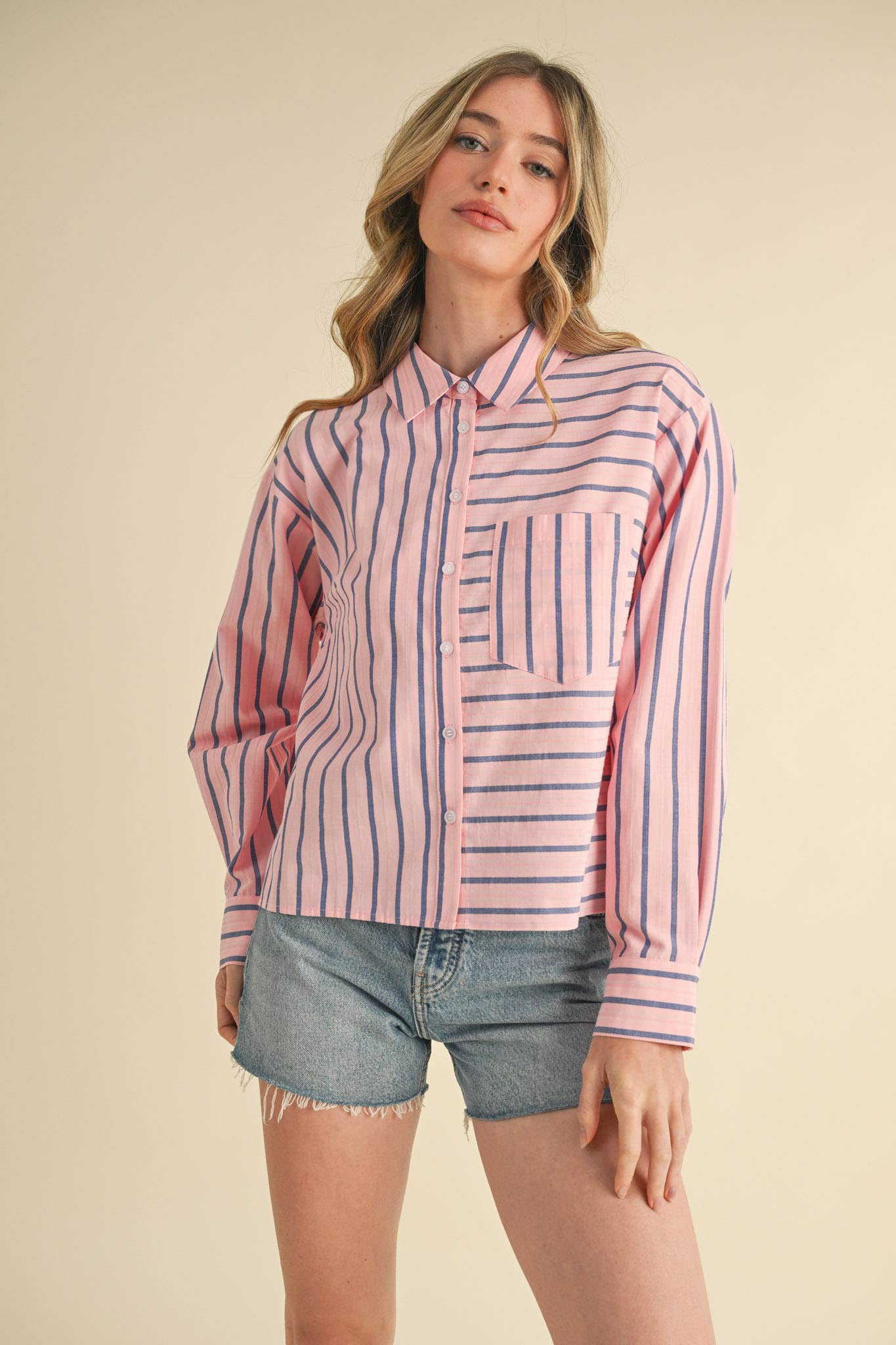 DAILY STRIPED COLLARED BUTTON DOWN TOP - CUSTARD STRIPE