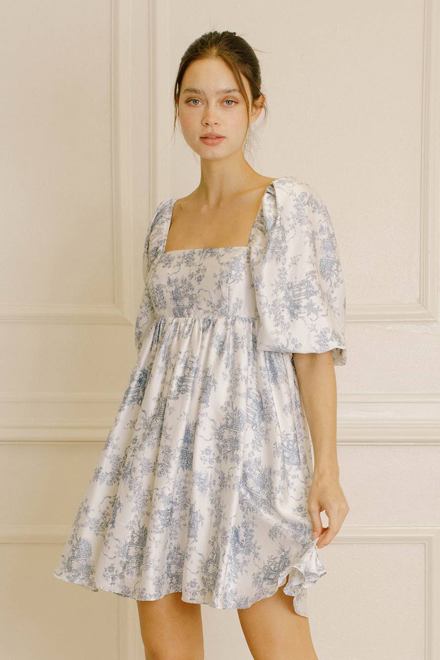 BLUE TOILE BABY DOLL MINI DRESS