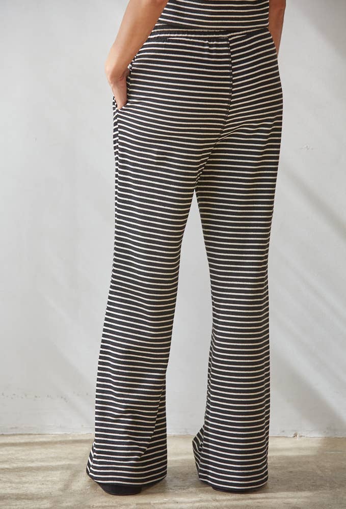 L8945B | Knit Polyester Cotton Striped Flare Pants: Grey Blue / S