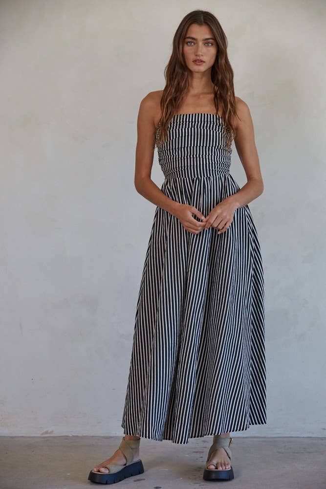 L6998 | Striped Tube Neck Strapless Flare Maxi Dress: Denim Blue / L