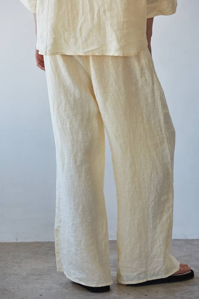 Butter Yellow Linen Wide Leg Pants with Tie Strap
